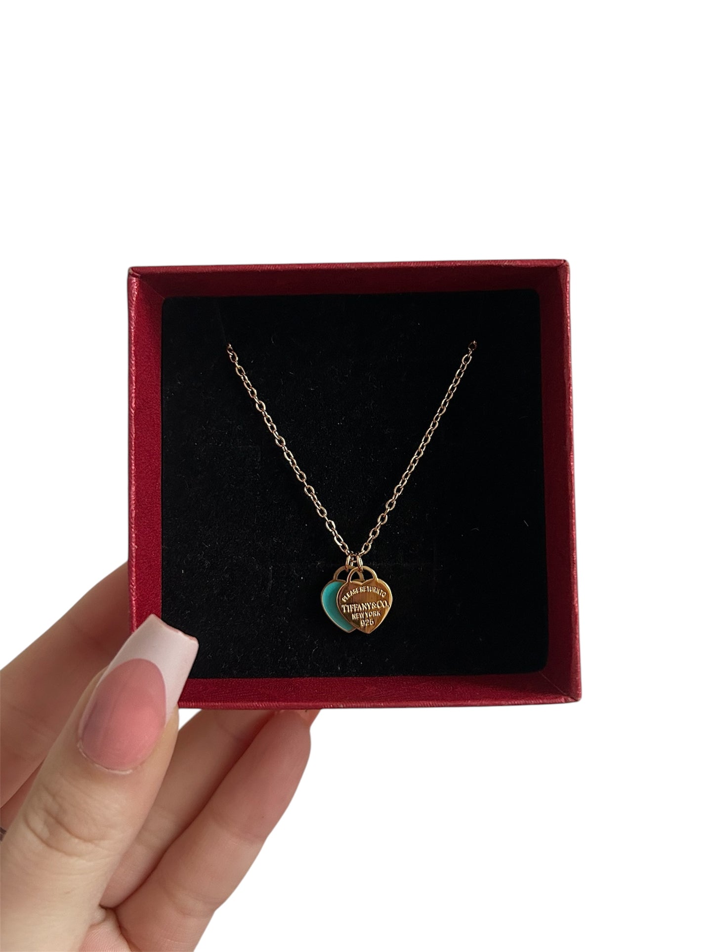 Gold T turquoise double heart necklace