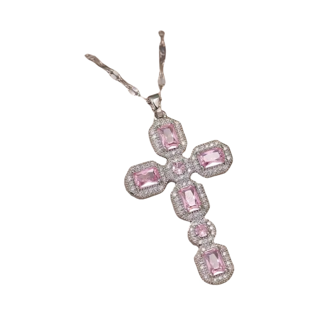 Silver/Pink diamond cross necklace