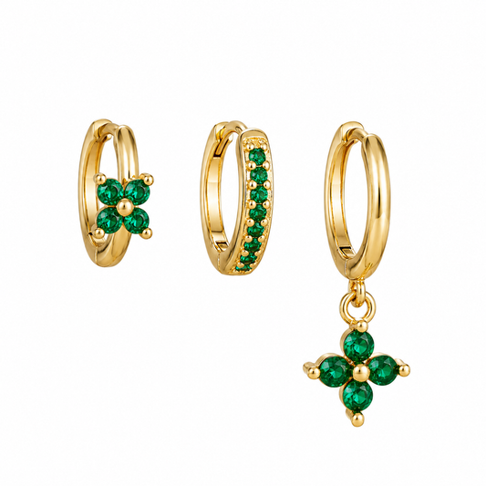 The Gold & Emerald Clover Huggie Set