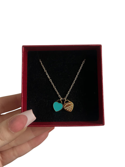 Gold T turquoise double heart necklace
