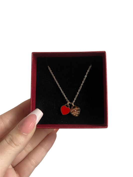 Gold T red double heart necklace