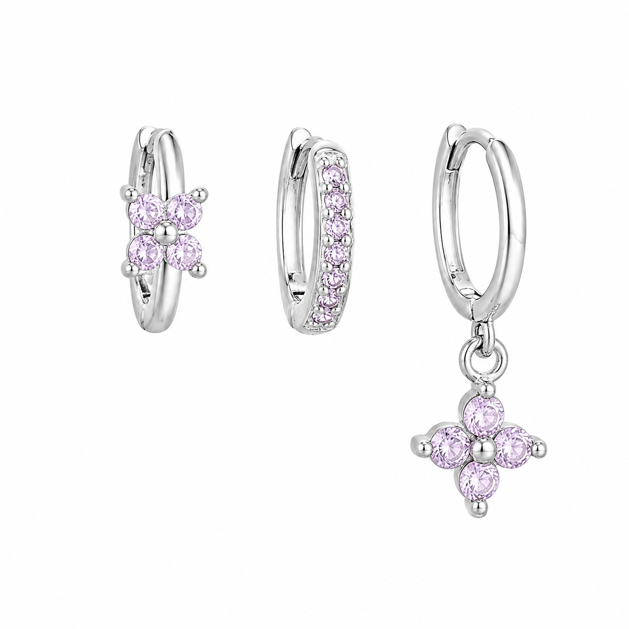 The Silver & Lilac Clover Huggie Set