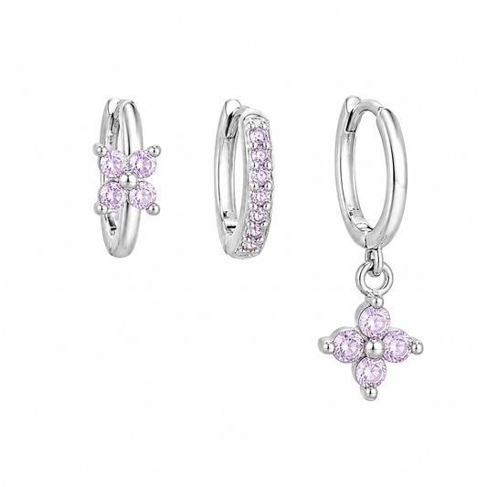 The Silver & Lilac Clover Huggie Set