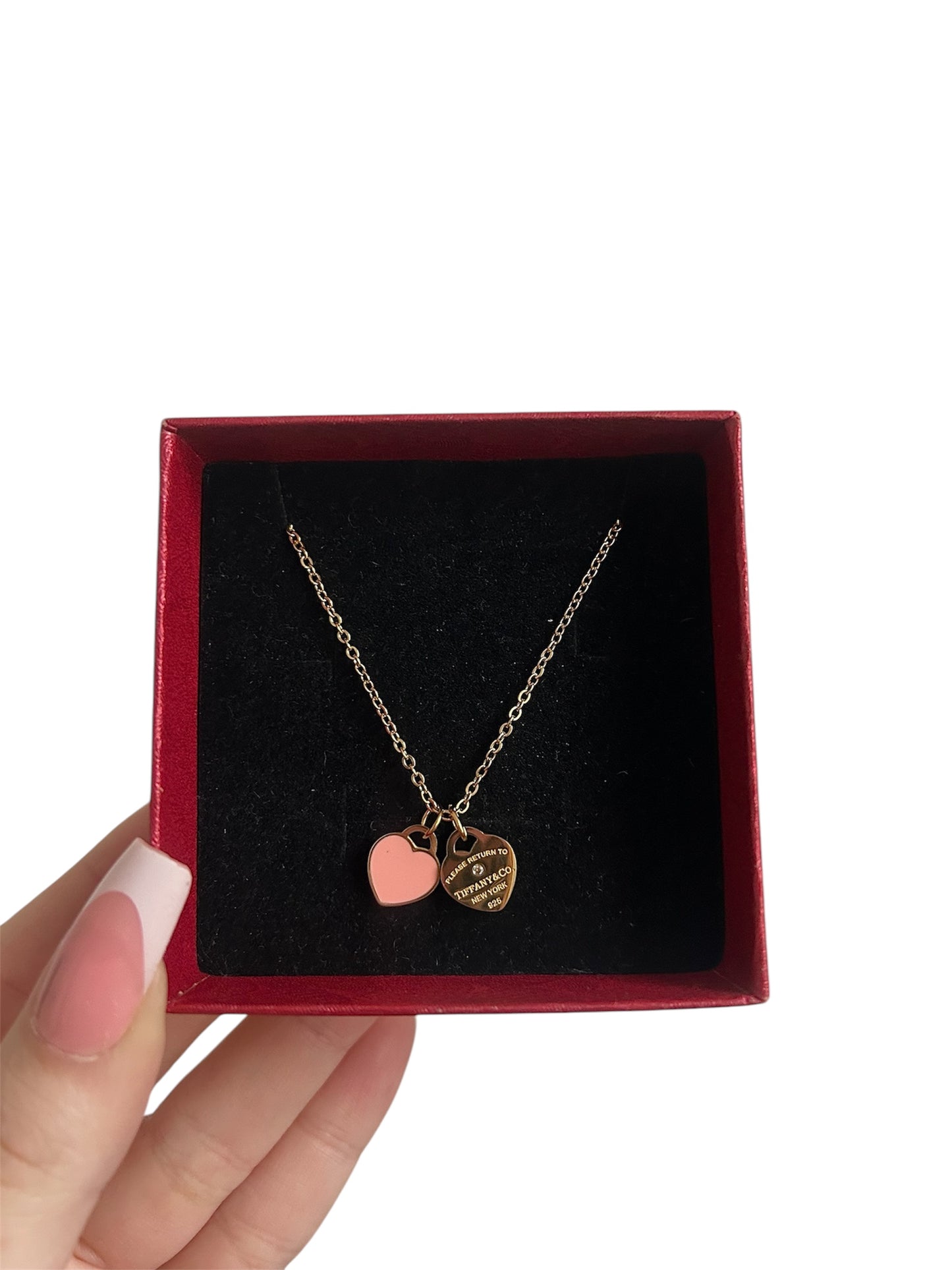 Gold T pink double heart necklace