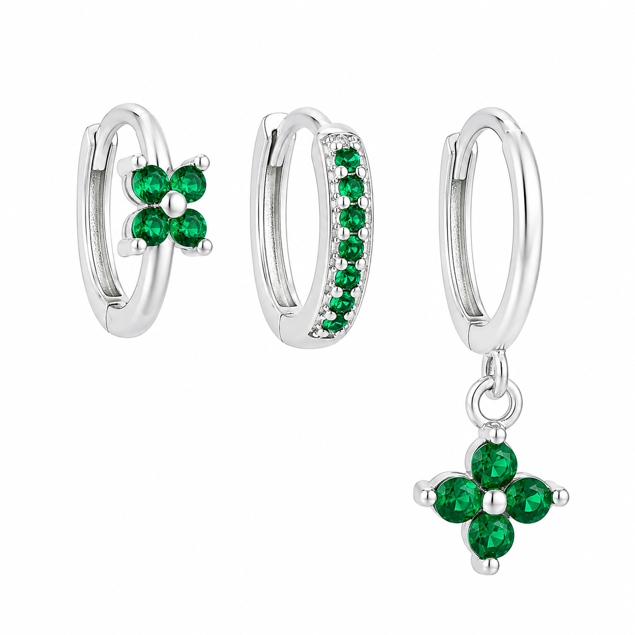 The Silver & Emerald Clover Huggie Set
