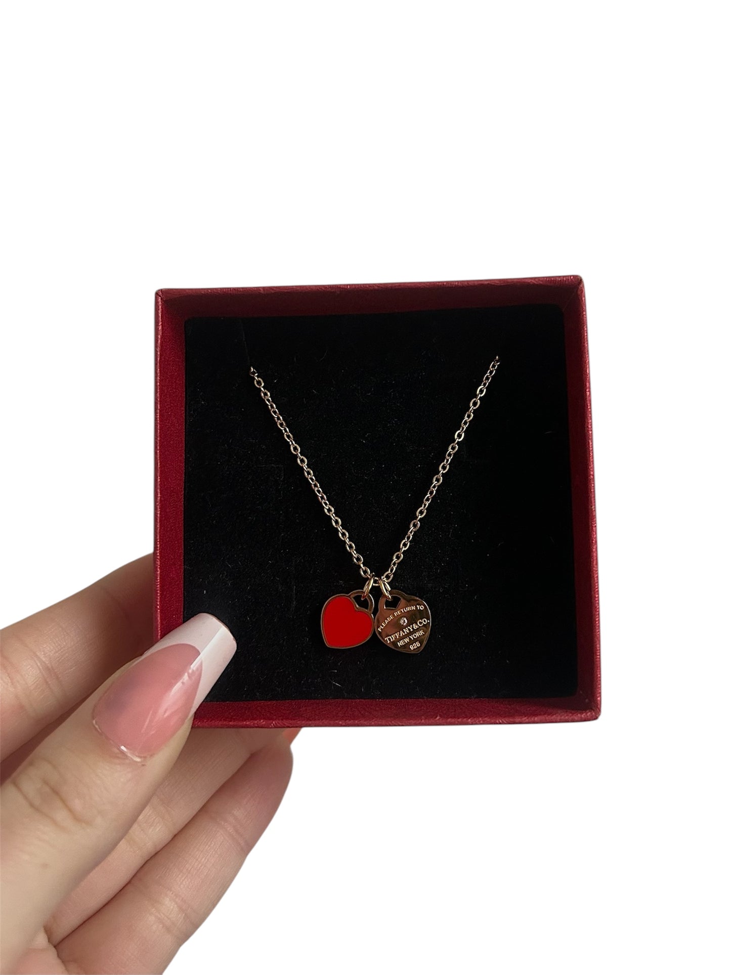 Gold T red double heart necklace