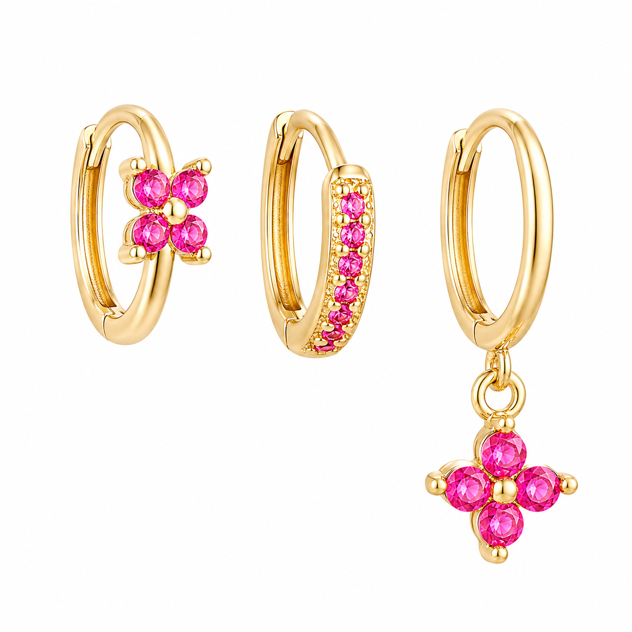 The Gold & Pink Clover Huggie Set
