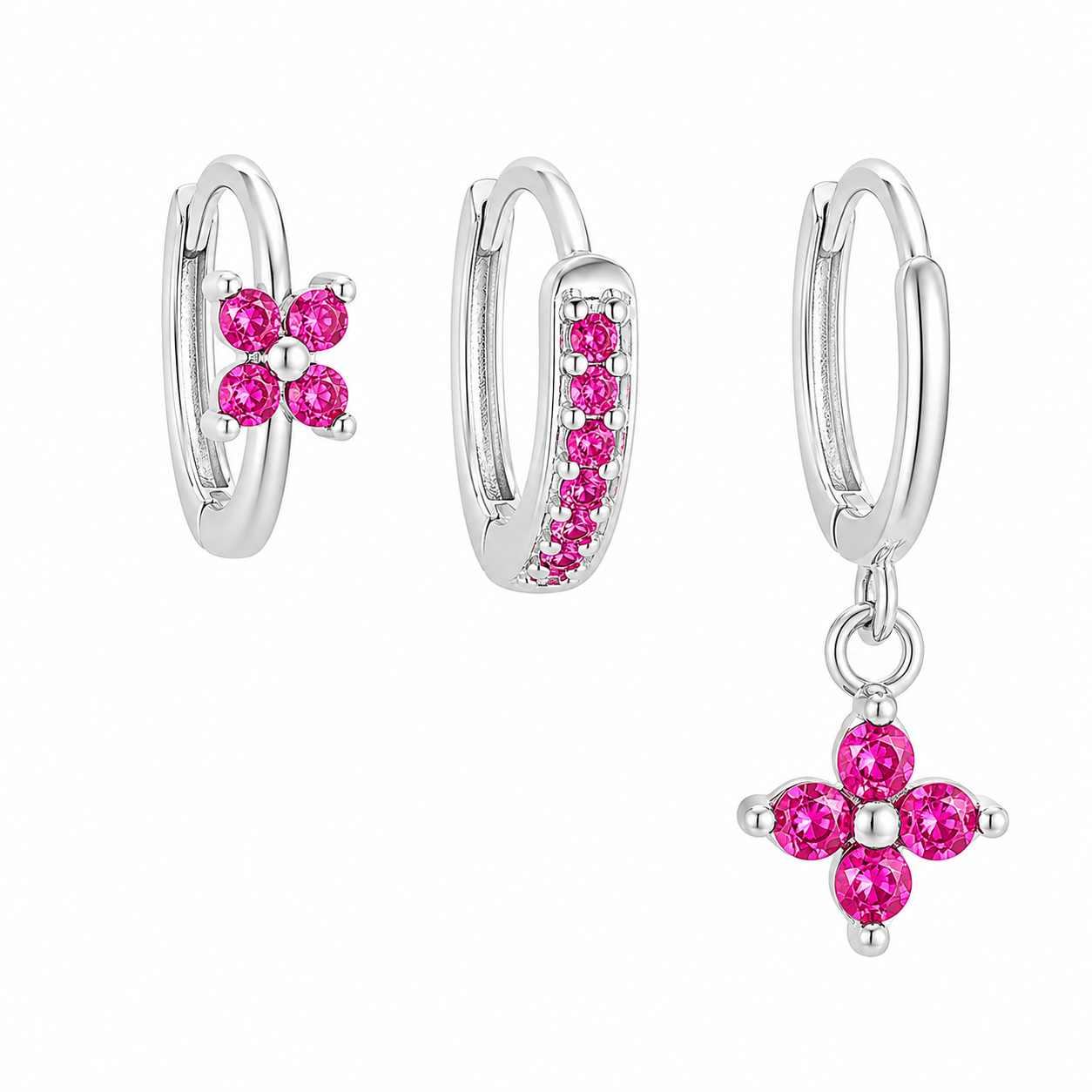 The Silver & Pink Clover Huggie Set