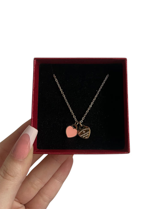 Gold T pink double heart necklace