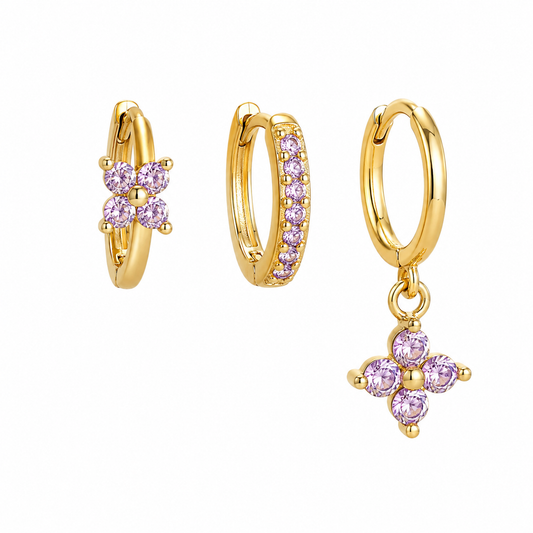 The Gold & Lilac Clover Huggie Set