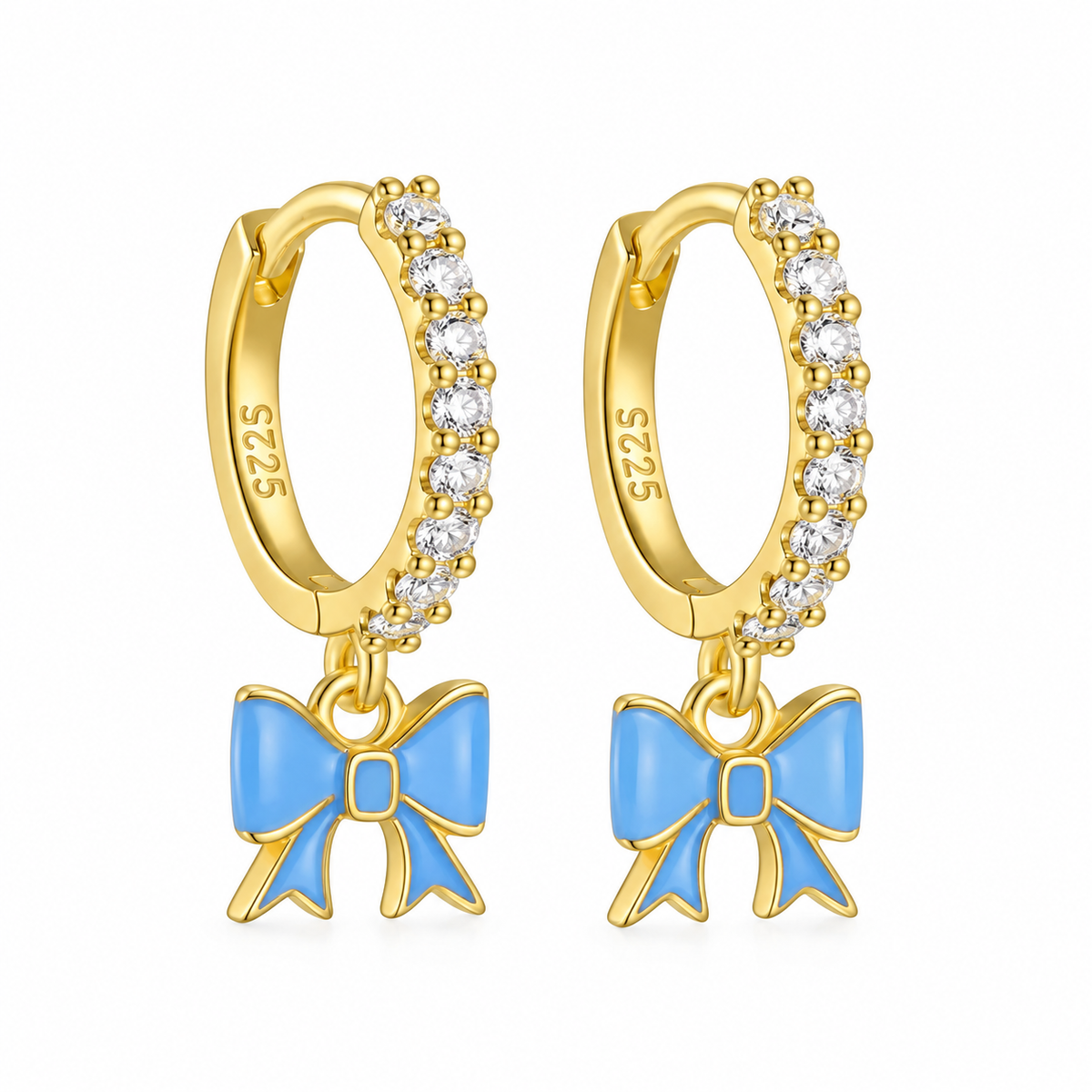 The Gold & Baby Blue Diamond Bow Huggies