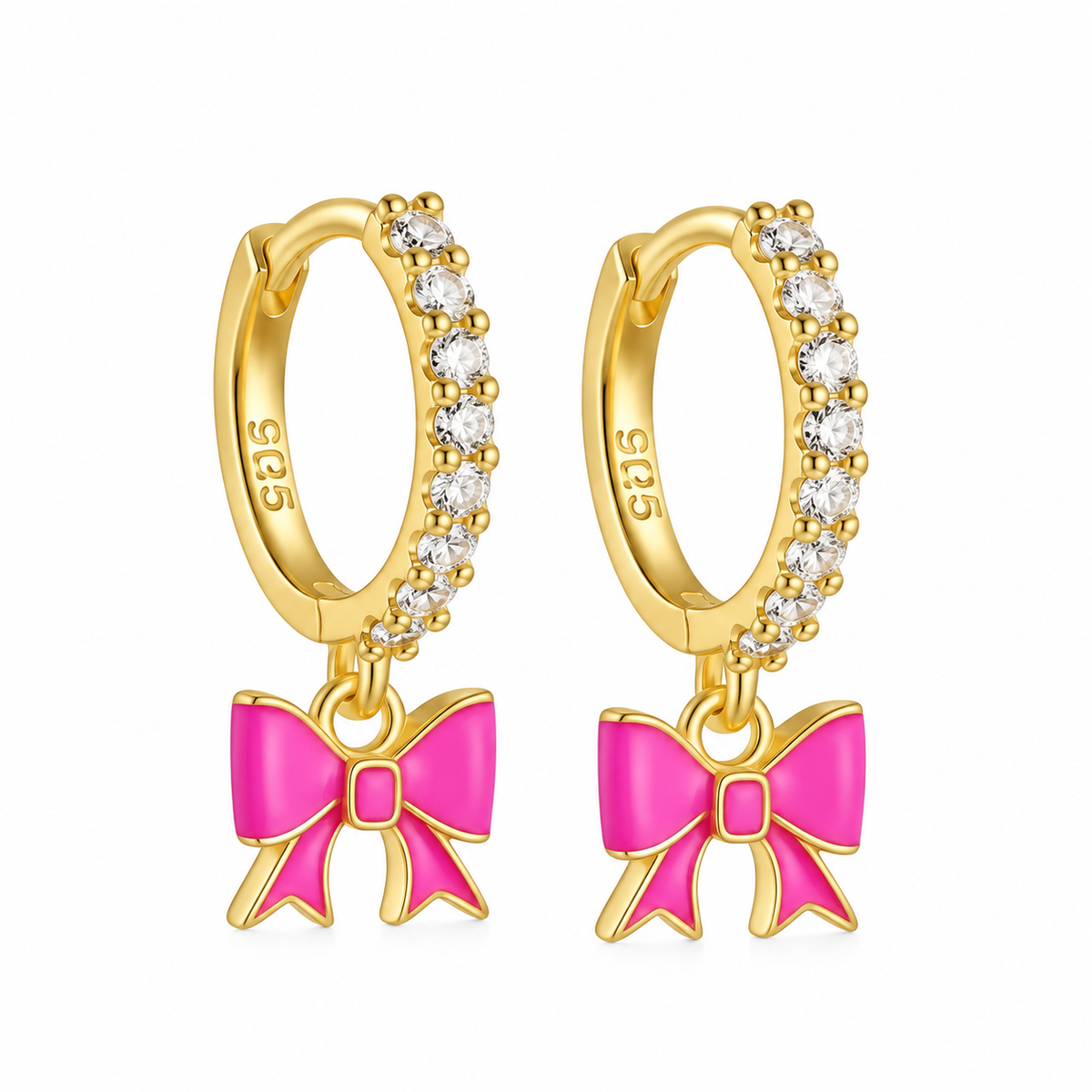 The Gold & Hot Pink Diamond Bow Huggies