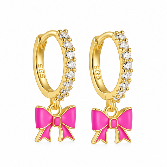The Gold & Hot Pink Diamond Bow Huggies