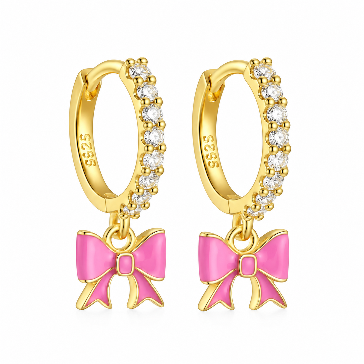 The Gold & Baby Pink Diamond Bow Huggies