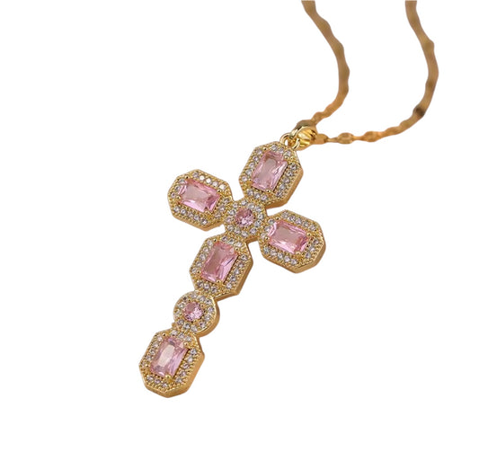 Gold/Pink diamond cross necklace