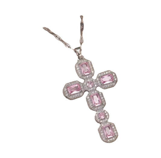 Silver/Pink diamond cross necklace